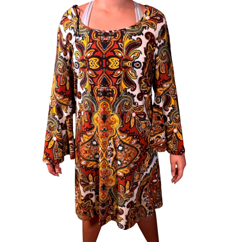 HAANI Tunic Dress Women 1X Multicolor Good Paisley Bell Sleeve Boho Shift